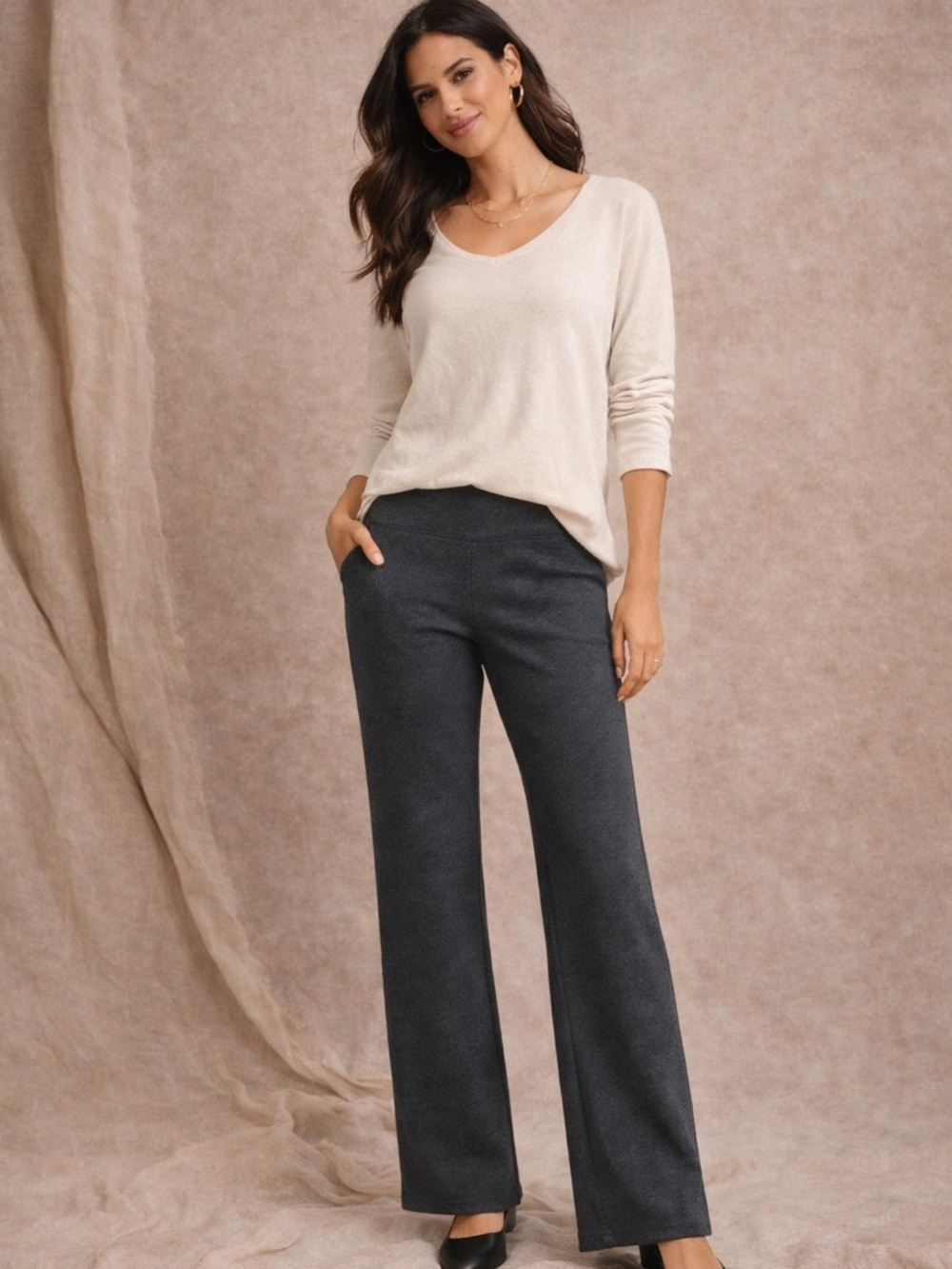 J. Jill Women’s XS Petite Ponte Wide Leg Pants Dark Gray Pull On Stretch*